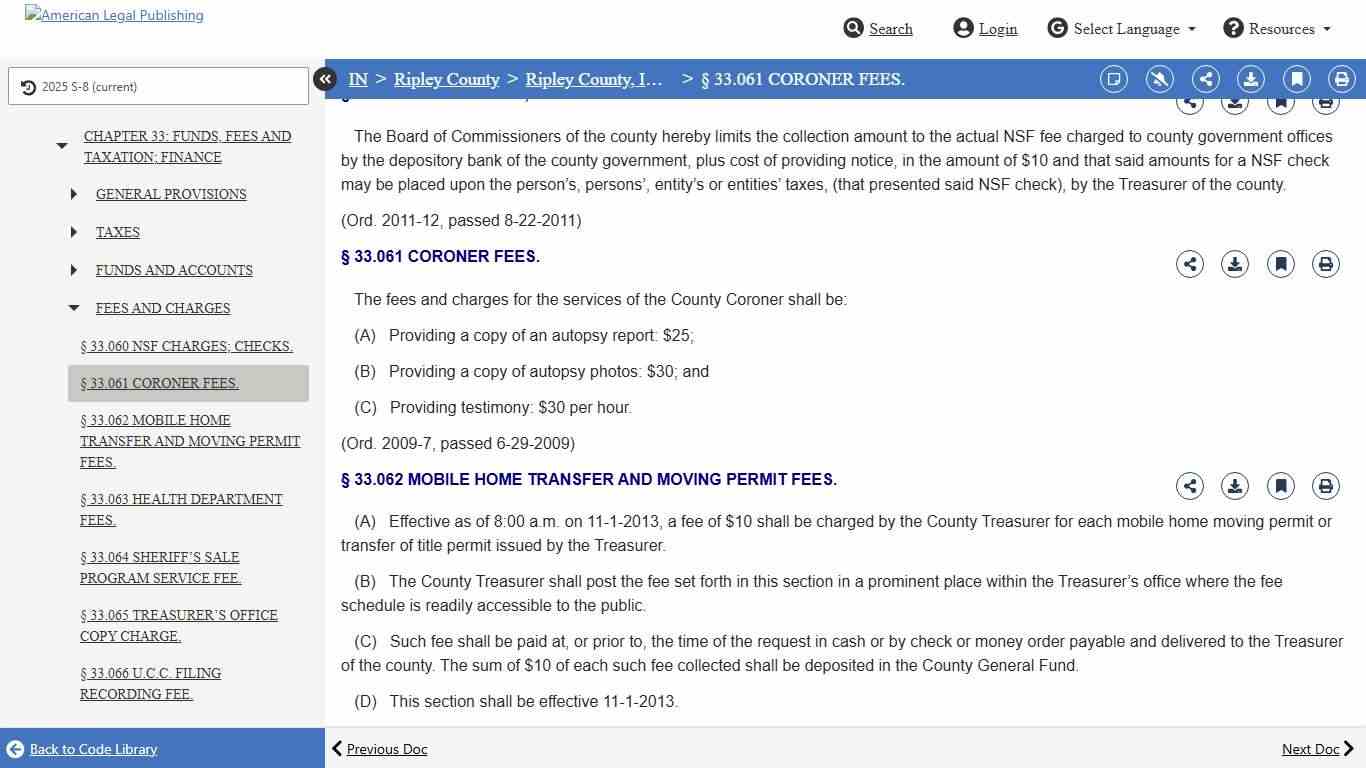 § 33.061 CORONER FEES.